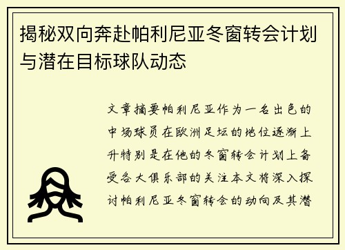 揭秘双向奔赴帕利尼亚冬窗转会计划与潜在目标球队动态