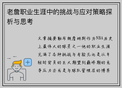 老詹职业生涯中的挑战与应对策略探析与思考