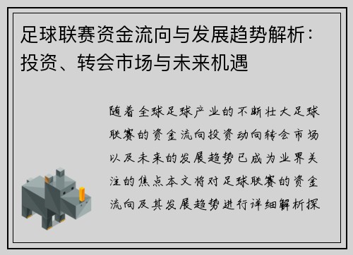 足球联赛资金流向与发展趋势解析：投资、转会市场与未来机遇